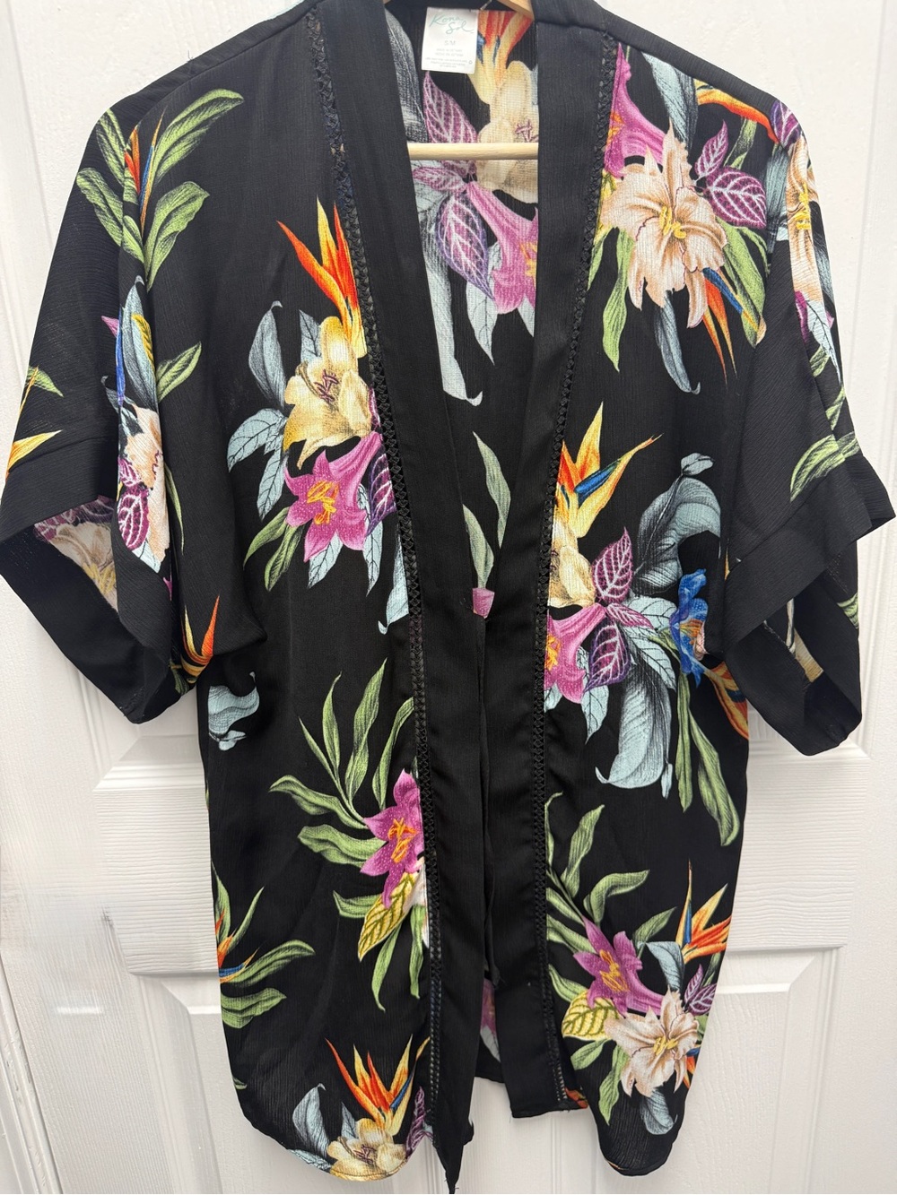 Kona Sol Black Floral Tropical Print Kimono Cover-Up Small Medium